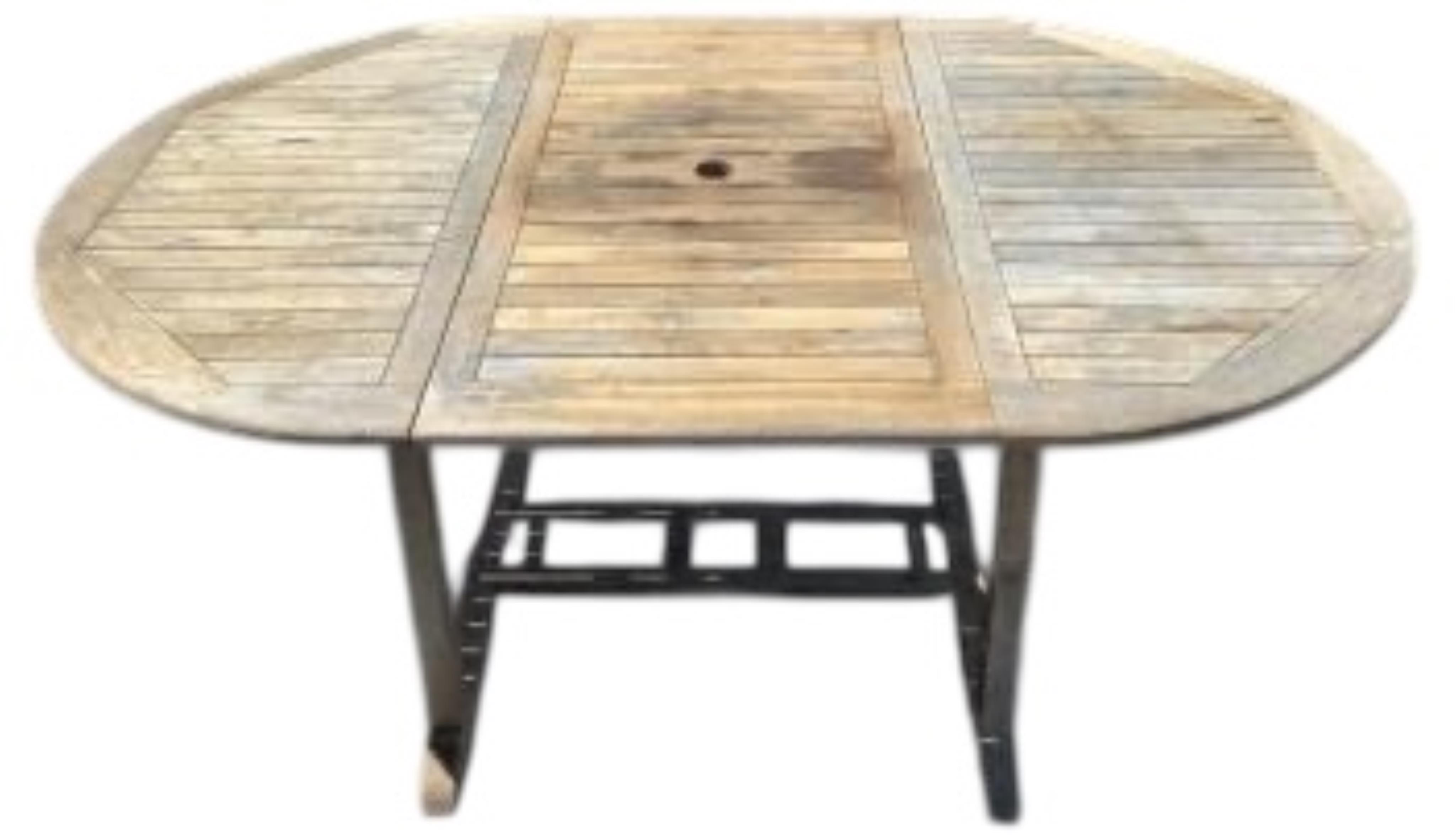Six Sherwood teak elbow chairs, a weathered teak oval extending garden table, 181cm extended, depth 120cm, height 74cm and a lazy Susan